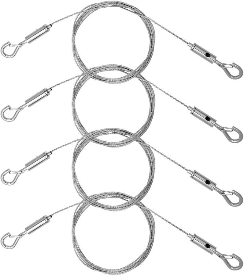 Verpakking met 4 stalen kabels met ogen zilveren fotokabelhangers verstelbare schilderijophangdraad met haken robuuste roestvrijstalen draadkabel met ogen voor spiegels lampen kunstwerken (2 m x 1 5 mm)