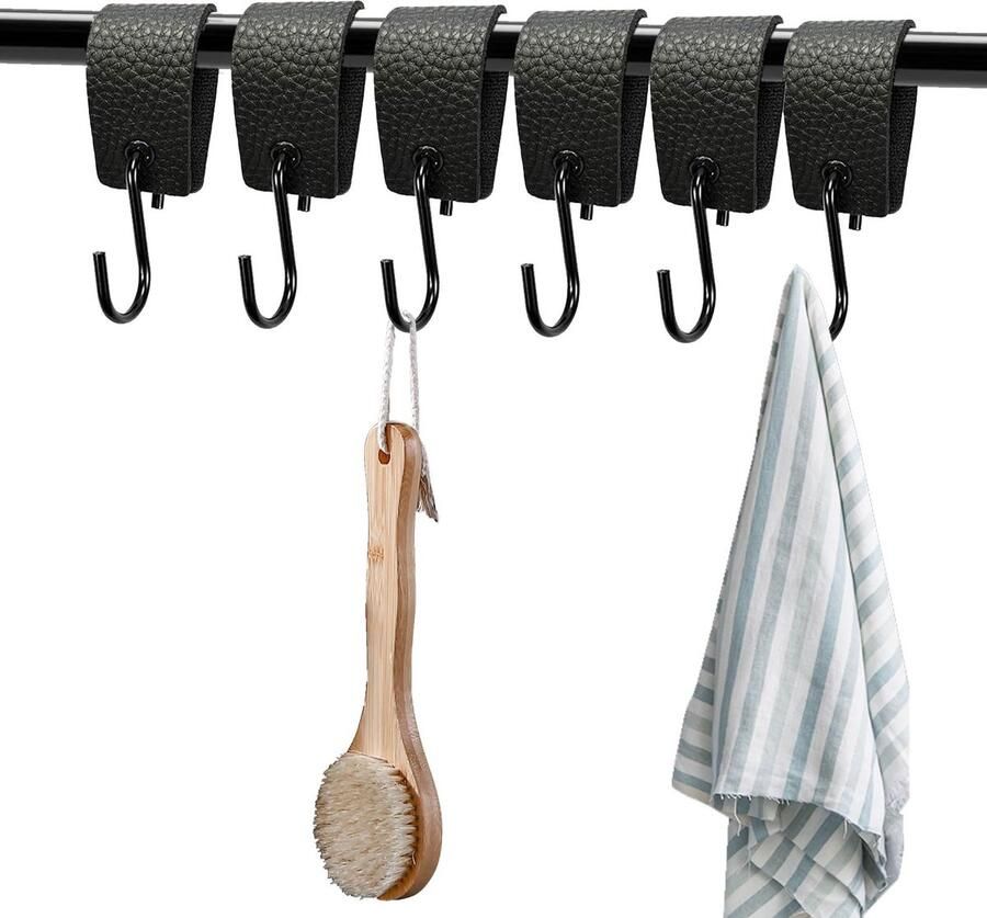 Verpakking met 6 S-haken zwart haken voor kledingroedes S-haken met leren lussen haken om op te hangen haken voor kledingroedes jashaken zwart om op te hangen jashaken voor kledingkasten en kamperen
