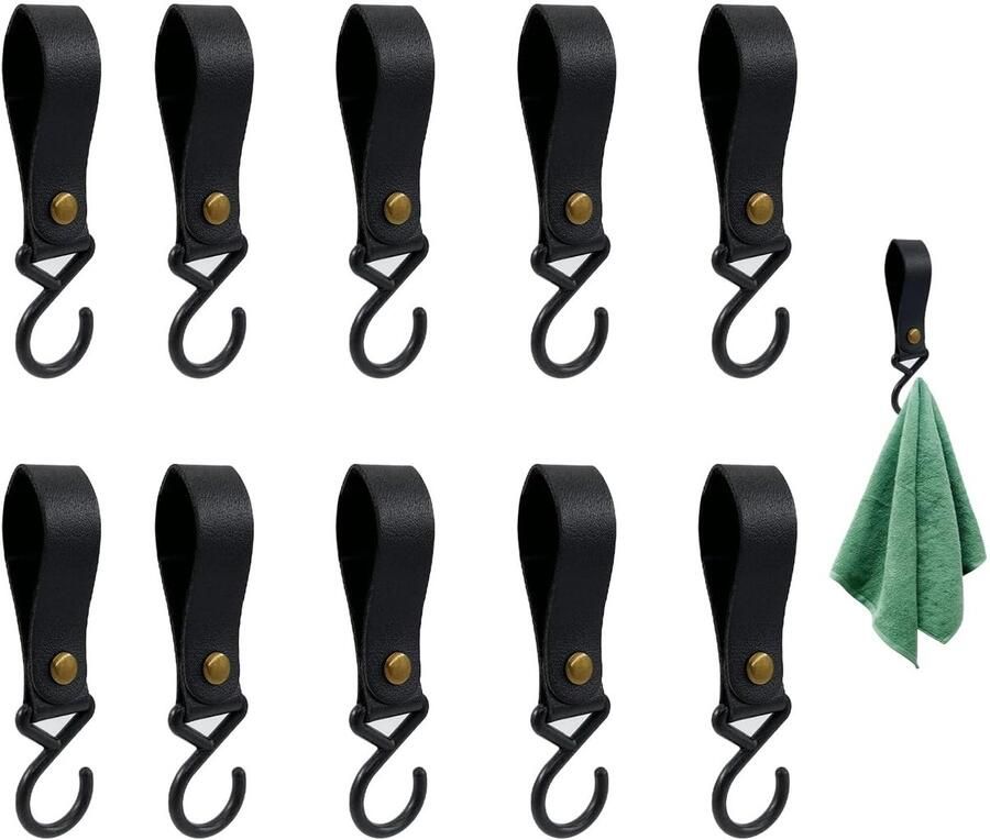 Verpakking van 10 haken voor kledingroede S-haken met leren lus haken om op te hangen S-vormige leren campinghaken 20 x 2 cm kunststof multifunctionele haken voor kledingkast jas keuken badkamer