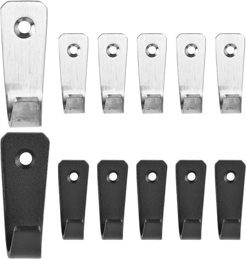 Verpakking van 12 kapstokhaken in zwart en zilver metalen wandhaken om in te schroeven voor slaapkamer badkamer woonkamer kledingkast voor jassen handdoeken en jassen