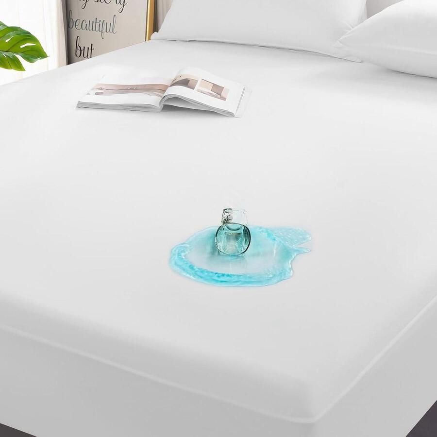 Verpakking van 2 waterdichte matrasbeschermers voor eenpersoonsbed 90 x 200 cm ademend en wasbaar Oeko-Tex gecertificeerd met 30 cm extra diepe tas