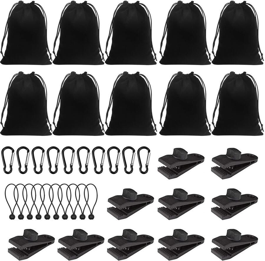 Verpakking van 40 draagbare gewichtszakken voor gordijnen van buitenpaviljoenen 10 gewichtszakken 10 karabijnhaken 10 clips en 10 elastische koorden. Geschikt voor het bevestigen van buitengordijnen tenten tafelkleden enz