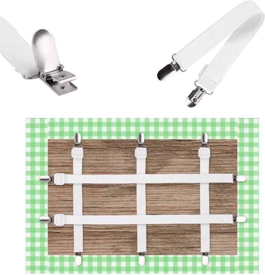 Verpakking van 5 verborgen tafelklemmen tafelkleedhouders elastieken clip hoekbevestigingen voor bedlakens voor het bevestigen van tafelkleden picknicktafels banken bedden buitenfeesten bruiloften (wit)