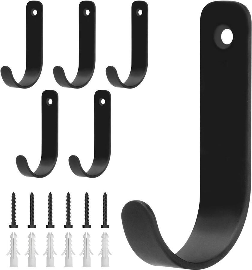 Verpakking van 6 kapstokhaken wandhaken om vast te schroeven kapstokhaken garderobehaken zwart voor jassen mantels handdoeken handtassen badkamer slaapkamer woonkamer kledingkast (uitgebreide stijl)