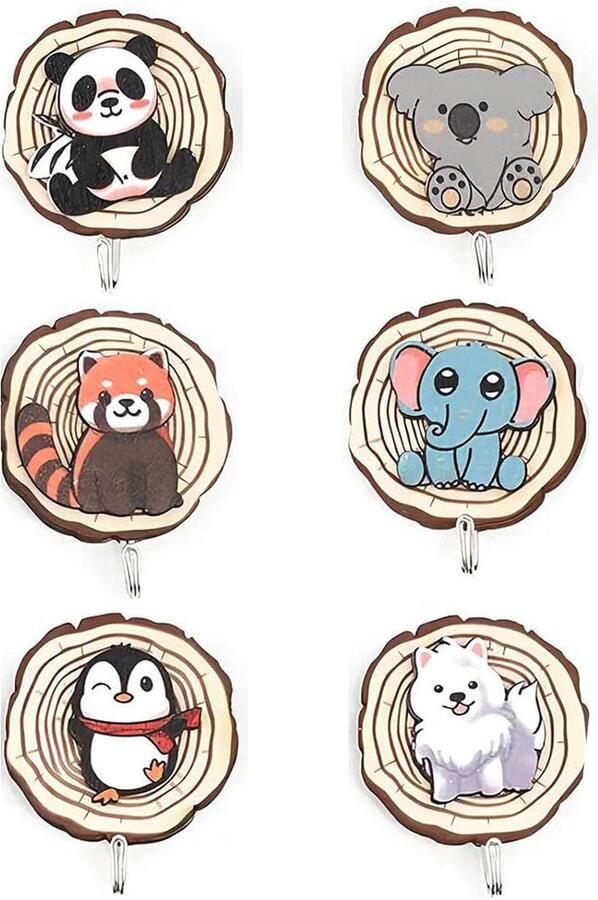 Verpakking van 6 kinderkledinghaken kinderkledingrek in dierenvorm zelfklevende haak wandhaken van hout zonder boren kledingrekken voor kinderkamers decoratieve cadeaus haken voor badkamers keukens kantoren handdoeken hoeden