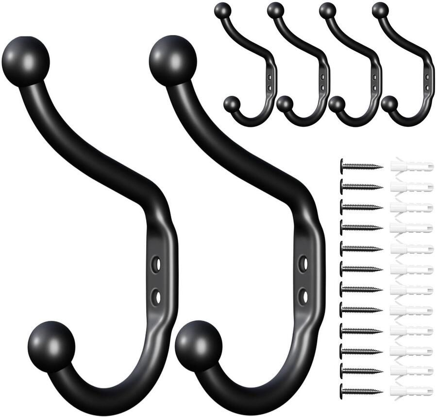 Verpakking van 6 kleine wandhaken 9 5 cm voor jassen – zwarte schroefwandhaken voor muur deur badkamer douche kledingkast gang – metalen haken voor handdoeken kleding tassen sleutels hoeden