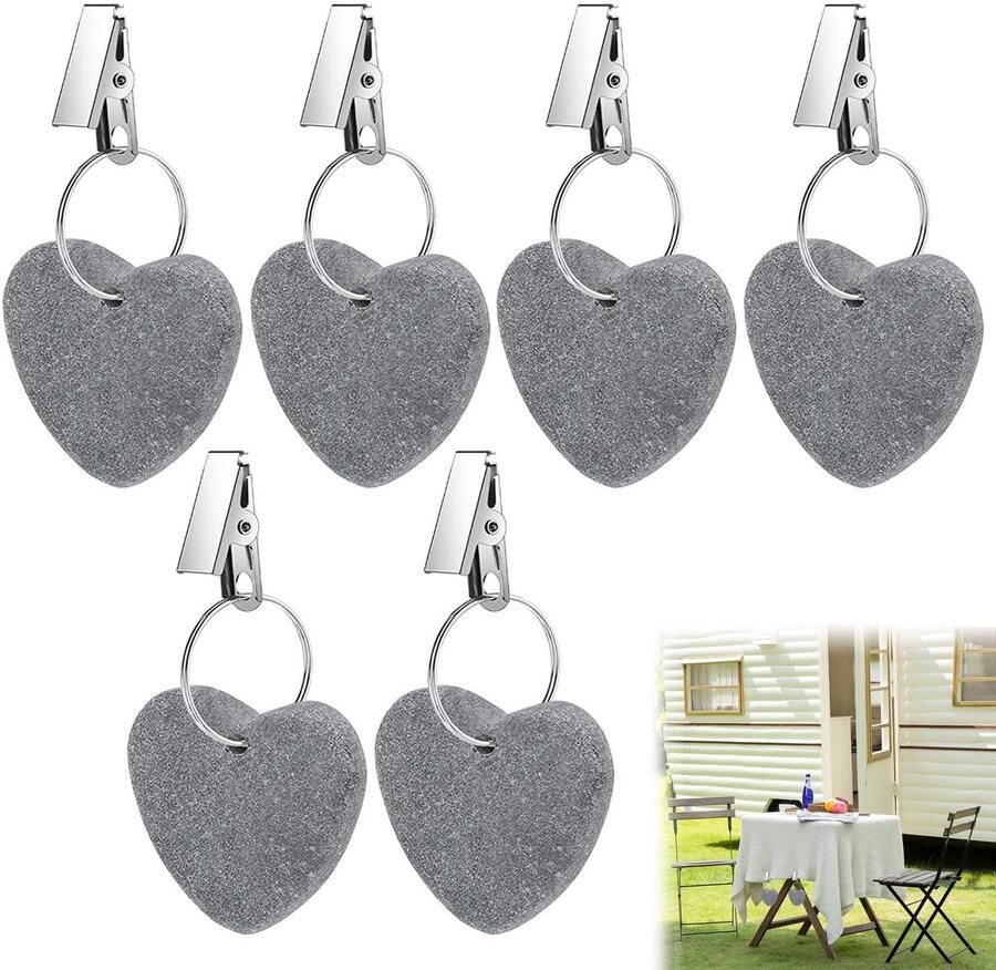 Verpakking van 6 tafelkleedgewichten hartvormige stenen tafelkleedklemmen tafelkleedgewichten met klemmen voor familiefeest kamperen bruiloft tuin picknick