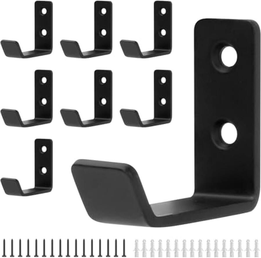 Verpakking van 8 kapstokhaken wandhaken om te schroeven jashaken garderobehaken zwart voor jassen mantels handdoeken handtassen badkamer slaapkamer woonkamer kledingkast (dubbel gat)