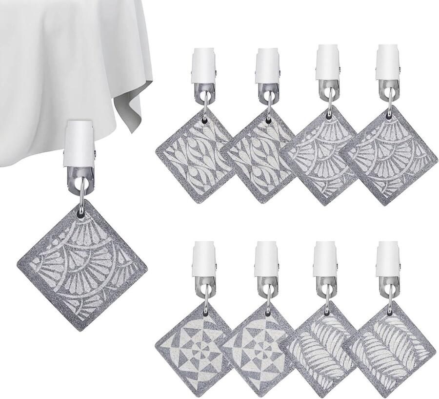 Verpakking van 8 tafelkleedgewichten van natuursteen tafelkleedclips met mooi patroon voor buiten tafelkleedhouder met clip voor picknicks tuin verjaardagsfeestjes bruiloftsfeesten