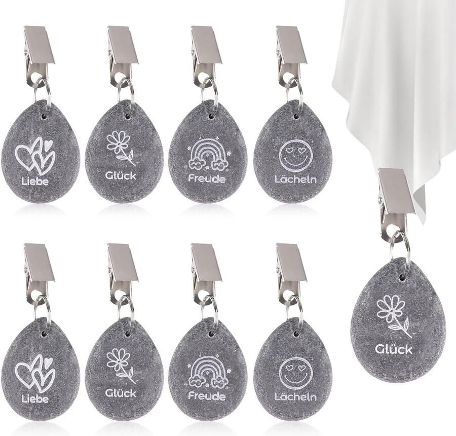 Verpakking van 8 tafelkleedgewichten voor buiten tafelkleedgewichten van natuursteen met clip tafelkleedhoudergewichten tafelkleed met 4 patronen (liefde bloem zon) voor feestjes picknicks bruiloften