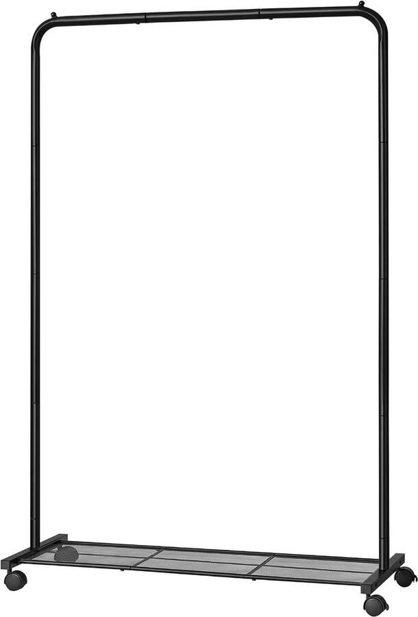 Verplaatsbaar kledingrek garderobe op wieltjes metalen kapstok 91 cm breed met plank 2 wielen met rem zwart belastbaar tot 40 kg HSR25BK kledingrek