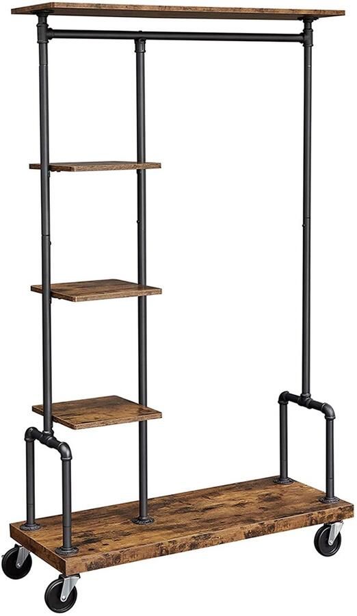 Verplaatsbaar kledingrek met wielen 5-laags metalen buizen kledingrek bruin + zwart 103 5 x 40 x 174 5 cm multifunctioneel opbergsysteem geschikt voor slaapkamer woonkamer wasruimte of winkel