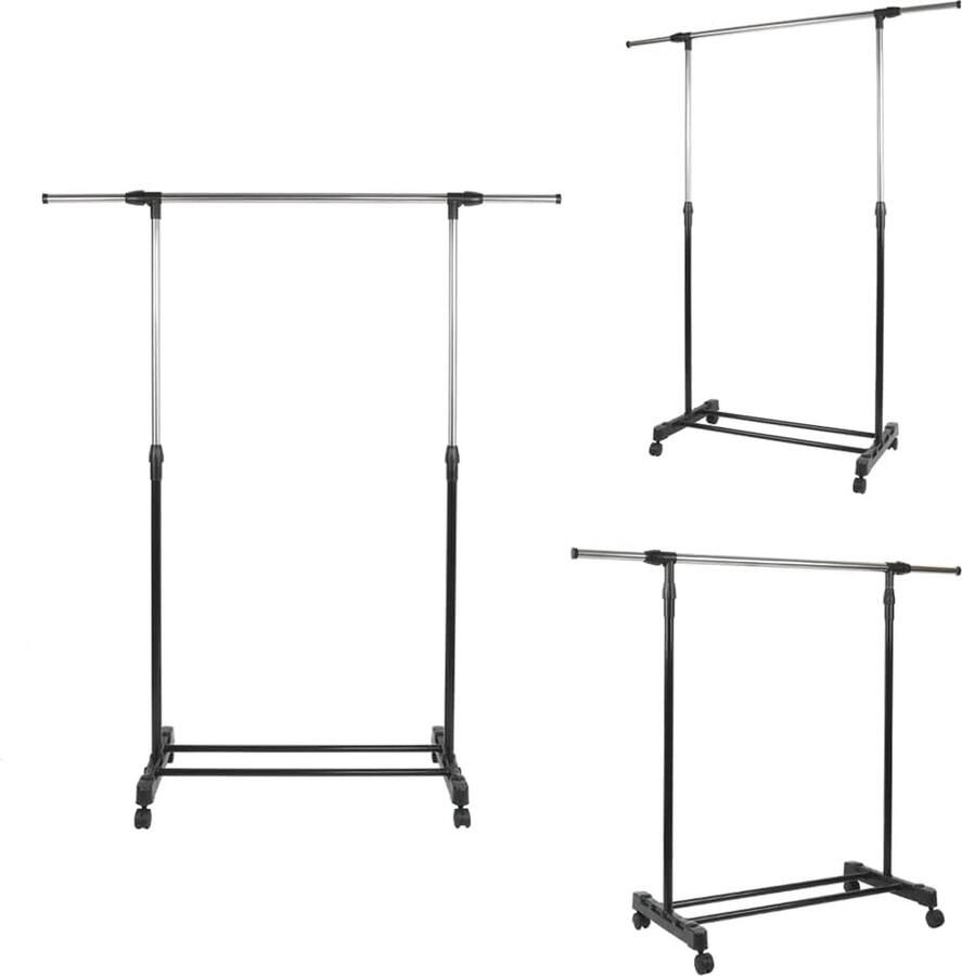 Multifunctioneel Kledingrek met Wieltjes en Uittrekbare Kledingstang (80-145) x 43 x (90-158) cm Zwart