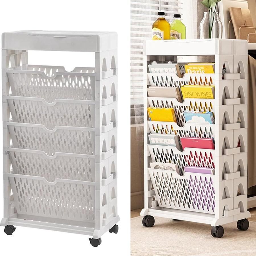 Verplaatsbare Boekenkast Dubbellaagse Mobiele Boekenkast met Hoge Capaciteit Draaibaar Verwijderbaar Plastic voor Studeerkamer Kantoor Keuken Klaslokaal (Wit)