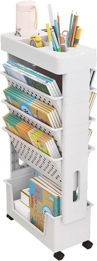 Verplaatsbare Bureau Boekenplank Compact Klaslokaal Opberger Wielen Slanke Opbergtrolley Hoek Display Plank Bibliotheek Multifunctionele Kar