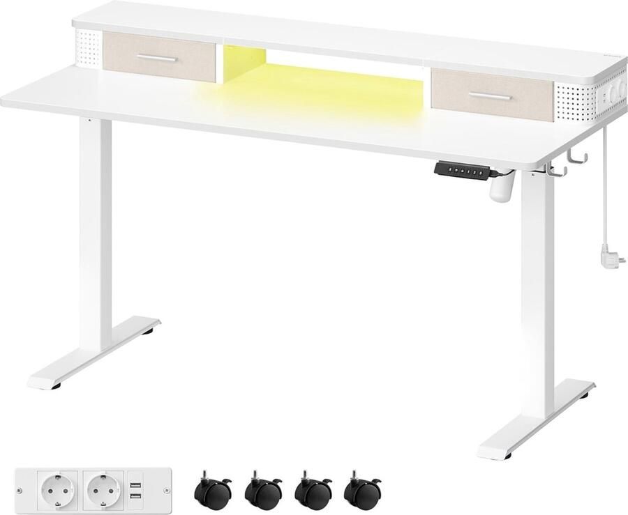 Verrijdbaar elektrisch verstelbaar zit sta bureau Inclusief geheugenfunctie Zeer stille motor 140 x 60 72 cm laag tot 120 cm hoog Wit