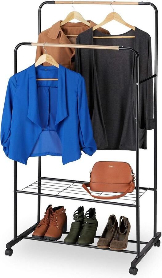 Verrijdbaar kledingrek metaal 2 kledingroedes verstelbaar 1555x815x515 cm zwart-houtlook plaids jurken truien