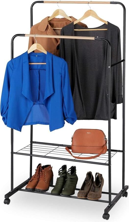 Verrijdbaar kledingrek metaal verstelbaar 2 kledingroedes HBD 1555x815x515 cm zwart houtlook dressboy