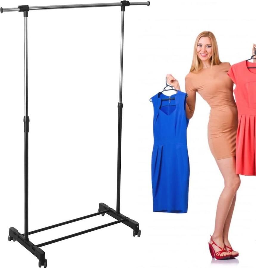 Verrijdbaar Kledingrek Metalen Verstelbaar Hoogte 95-165 Cm & Breedte 80-120 Cm Mobiel Kledingrek op Wielen