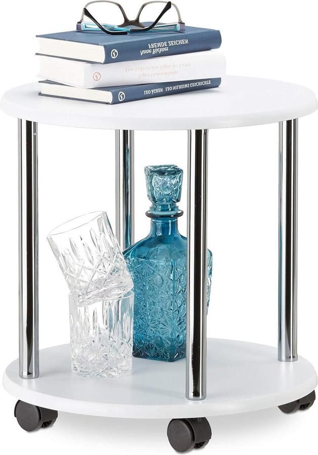 Verrijdbare bijzettafel 2 etages HBD 415x40x40cm Ronde bloementafel Tafeltje op wielen Salontafel wit