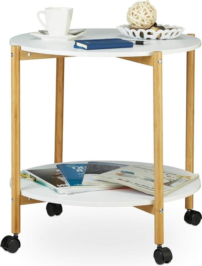 Verrijdbare bijzettafel op wieltjes 2 etages Universeel bruikbaar Wit Scandinavisch design