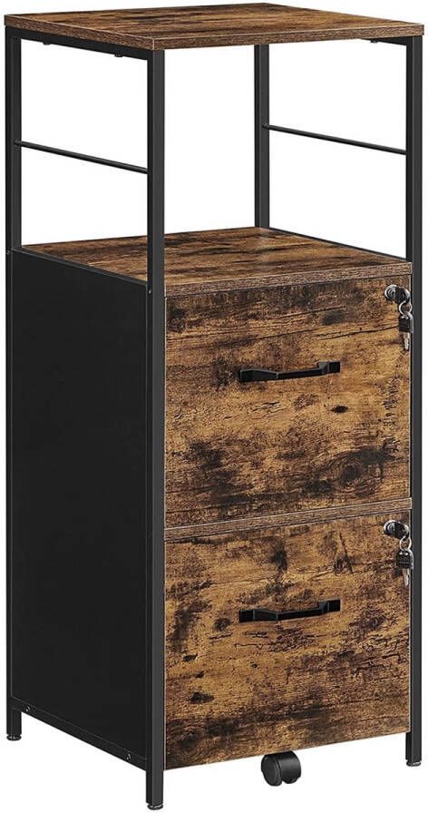 Furnibella verrijdbare ladeblok archiefkast kantoorkast met 2 laden voor documenten in DIN A4 briefformaat open vak printerstandaard industrieel ontwerp vintage bruin-zwart OFC045B01