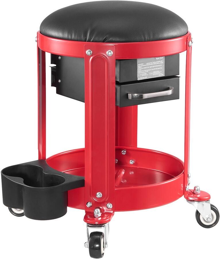 Verrijdbare Werkplaatskruk met Een Draagvermogen van 136 Kg Ideaal voor Garage en Werkplaats Gevoerde Zitting met Vaste Hoogte voorzien van Gereedschapsbak en Twee Lades