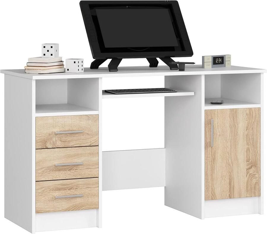 Verschillende stijlen pc-bureau met toetsenbordplank 3 opberglades en open opbergvakken B124 x H74 x D52 cm Wit en Sonoma-eiken