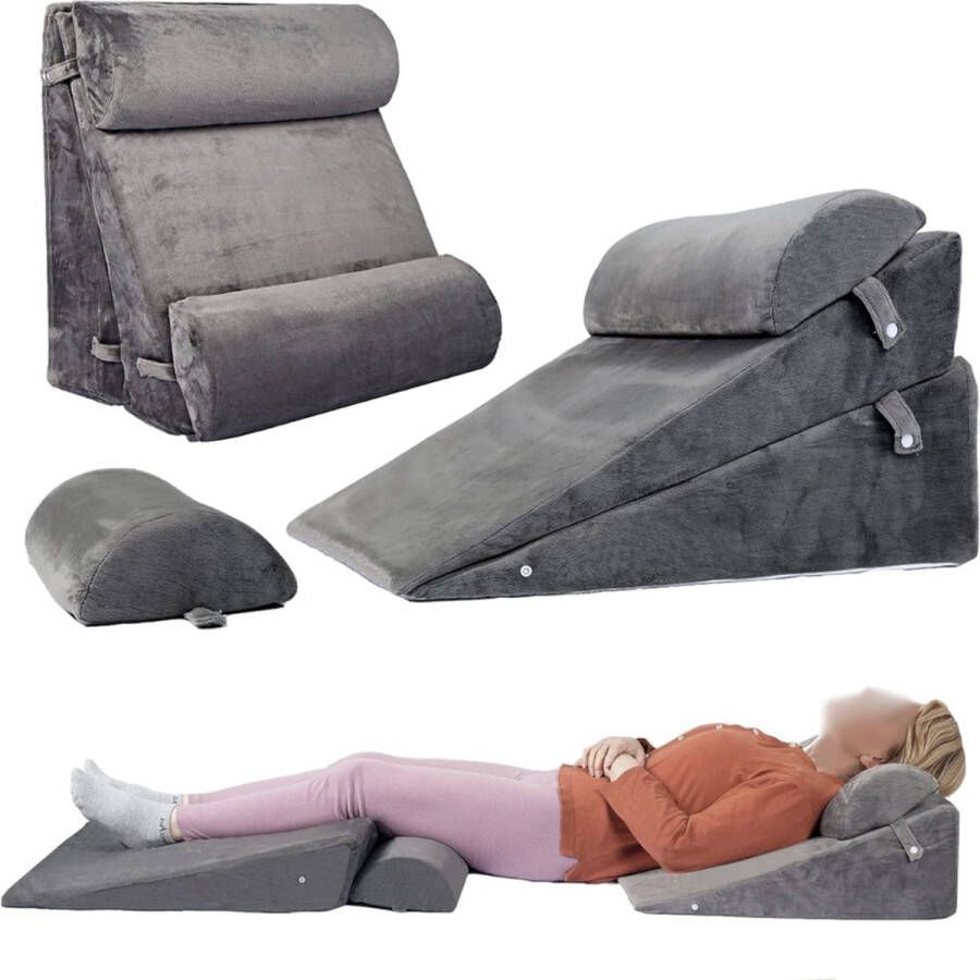 Verstelbaar Bed Wedge Kussen Slapen Ondersteuning Set van 100% Memory Foam voor Postoperatief Herstel Rug- Nek- en Beenpijnverlichting Zure Reflux en GERD Ideaal voor Zitten en Lezen Donkergrijs