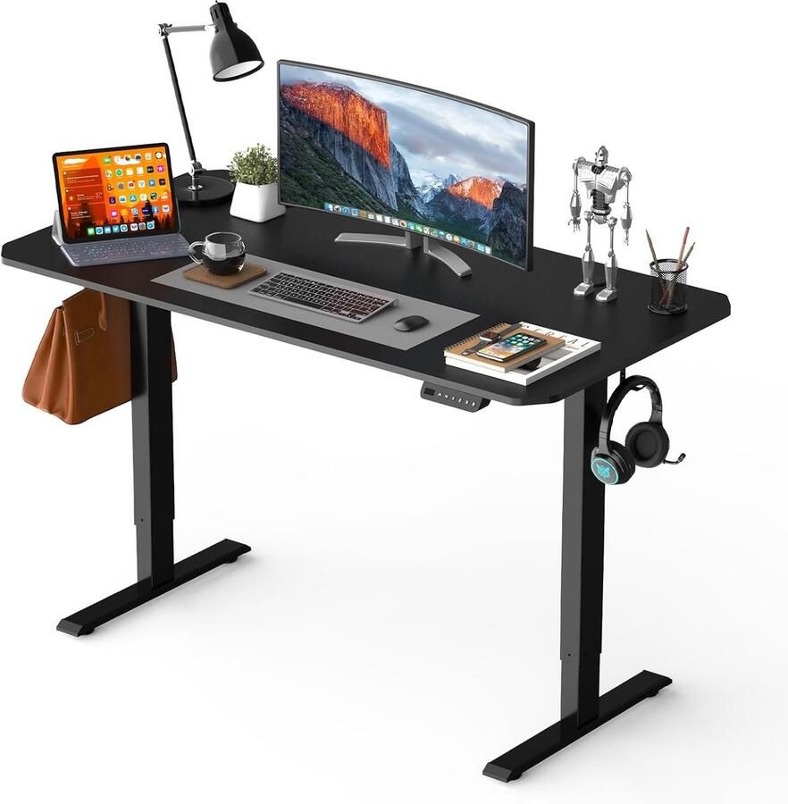 Verstelbaar bureau 140 x 60 cm Staand bureau met kabelmanagement en hoofdtelefoonhaak