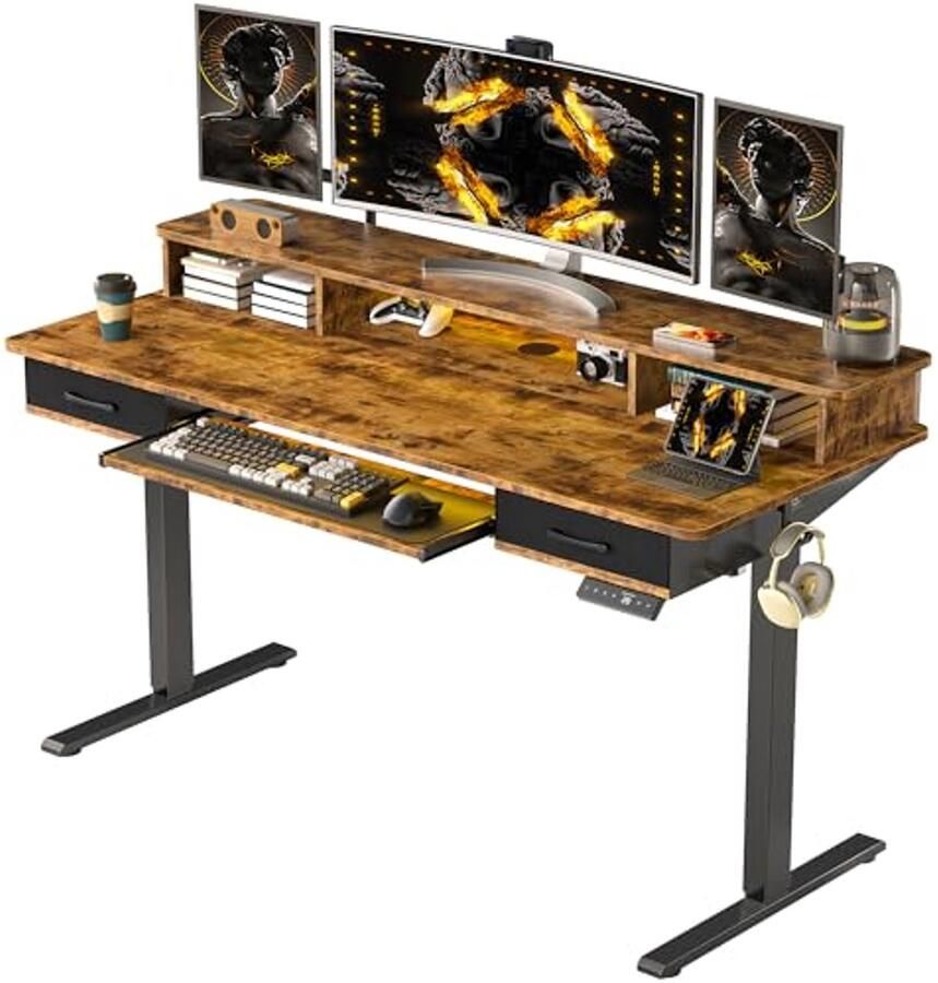 Verstelbaar Elektrisch Bureau met Toetsenbord Lade en Geheugenfunctie voor 4 Hoogtes 140 x 60cm Staand Bureau