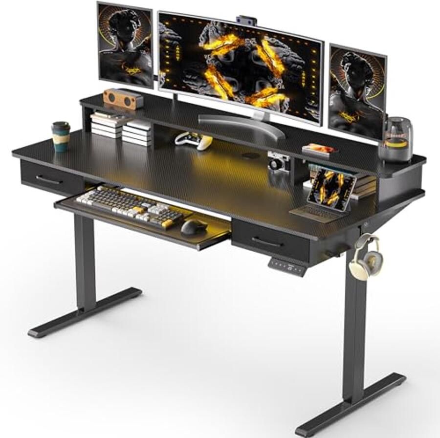 Verstelbaar Elektrisch Bureau met Toetsenbordlade 140 x 60 cm Zit-Sta Bureau met 2 Lades en Geheugenfunctie