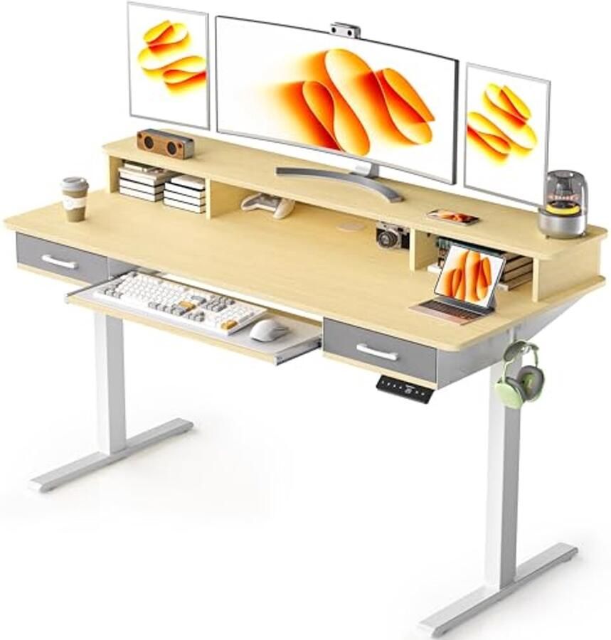 Verstelbaar Elektrisch Bureau met Toetsenbordlade 140 x 60cm Zit-Sta Bureau met 2 Laden en Geheugenfunctie