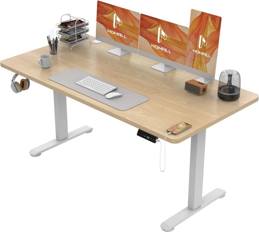 QPFO Verstelbaar Elektrisch Bureau – Zit Sta Bureau 140x70 cm – Ergonomisch Werkbureau Beige Wit