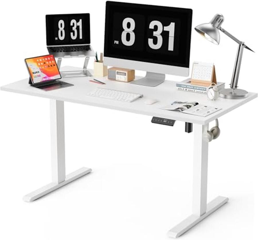 Verstelbaar Elektrische Bureau 140 x 70cm Zit-Sta Bureau met Geheugenfunctie voor 4 Hoogtes Wit