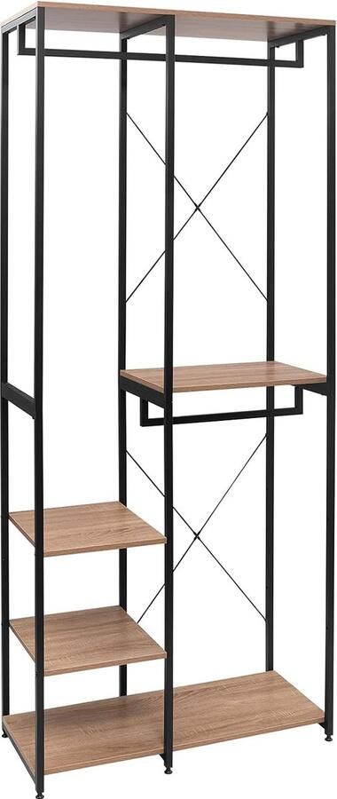 Verstelbaar Heavy Duty kledingrek met dubbele stangen houten details 5 niveaus en metalen planken. Inclusief schoenenrek in vintage stijl