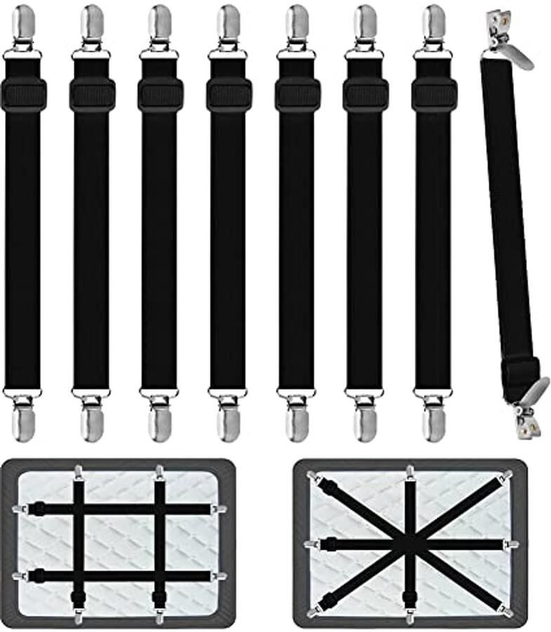 Verstelbaar Hoeslaken Set voor Beddengoed 8-delig met Elastische Banden voor Matras en Zitkussens (Zwart)