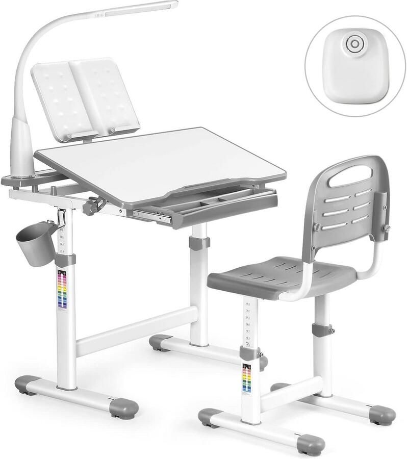 Verstelbaar Kinderbureau met Lamp en Stoel – Multifunctioneel Bureau voor Kinderen in Grijs
