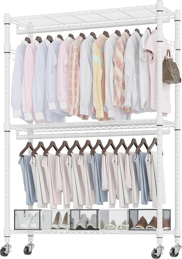 Verstelbaar Kledingrek met Dubbele Stang en Wielen Zwaar Belastbaar met 2 Haken 90 x 42 x 205 cm