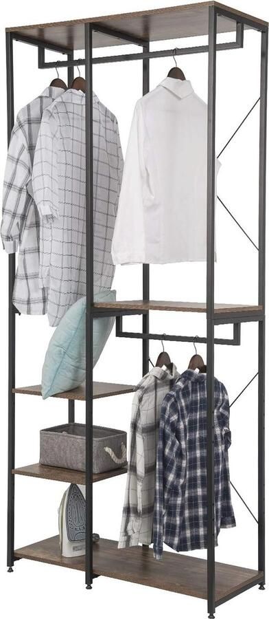 Verstelbaar Kledingrek Met Dubbele Stangen en Houten Planken Ruime Kledingorganizer voor Thuis