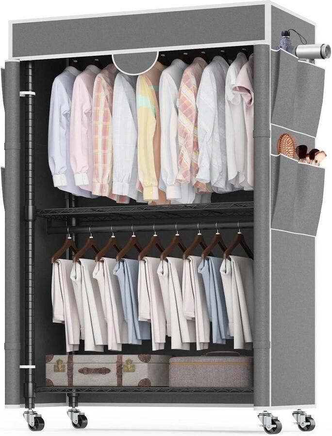 Verstelbaar Kledingrek met Hoes op Wielen Ruim en Duurzaam Kledingstandaard met Meerdere Opbergmogelijkheden
