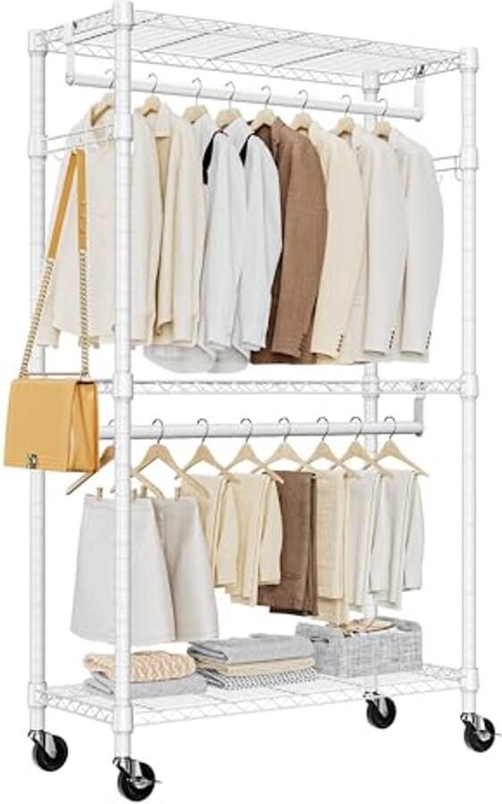 Verstelbaar Kledingrek met Wielen 3 Laags 2 Stangen en Zijhaken Ruimtebesparend Draadrek