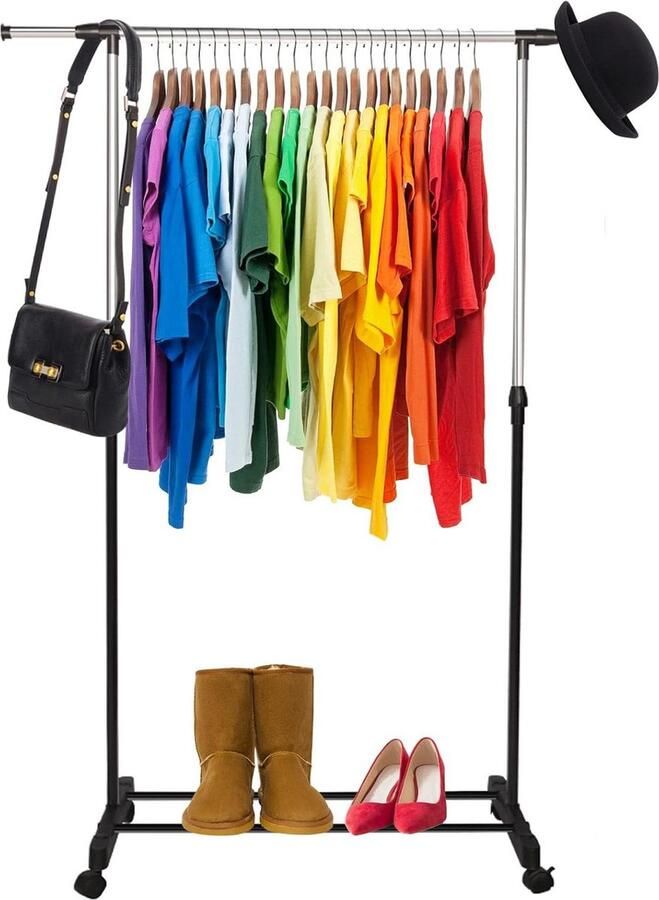 Verstelbaar kledingrek met wieltjes- Kledingstangen voor slaapkamer en balkon Hoogte 90-160 cm Uitschuifbaar Breedte 80-150 cm Schoenenplaatsing Kledingwagen