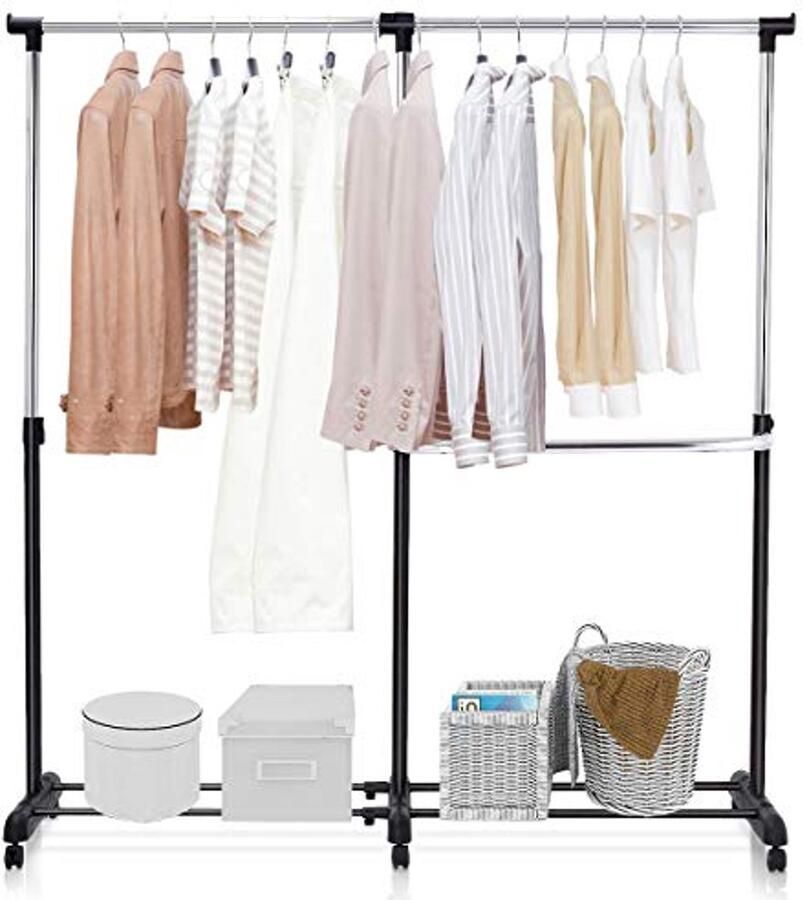 Verstelbaar Kledingrek met Wieltjes Ruimtebesparend Kledingstang en Schoenenrek