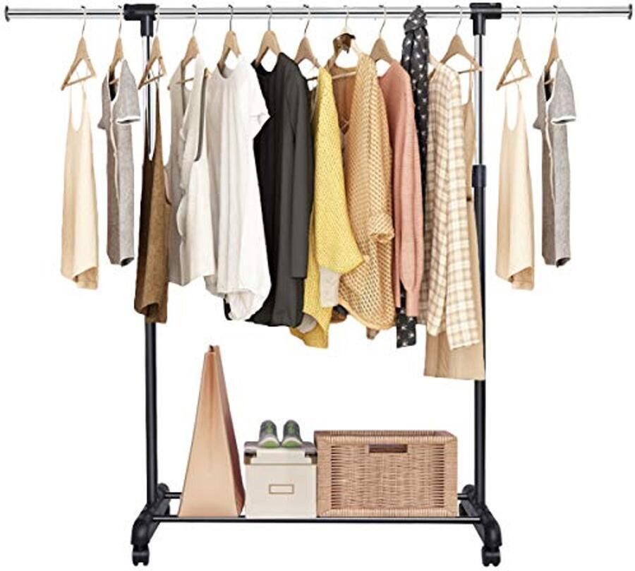 Verstelbaar Kledingrek met Wieltjes – Stabiele Rolbare Kledingstang en Schoenenrek
