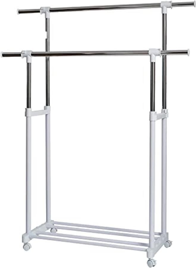 Verstelbaar Kledingrek op Wielen met Dubbele Hangstangen Uitschuifbaar en Mobiel Ideaal voor Kleding en Schoenen