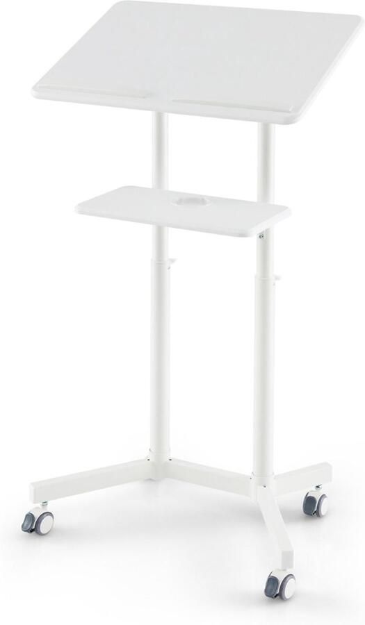 “Verstelbaar Mobiel Sta-Bureau – Rollende Lessenaar voor Laptop Kantelbaar Bovenblad Bekerhouder Wit”
