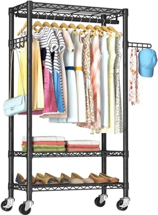 Verstelbaar Rollend Kledingrek 3-laags Draadrek met Hanger Staven en Zijhaken