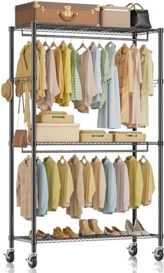 Verstelbaar Rollend Kledingrek met Wielen en Planken Draagbare Kledingkast voor Thuis