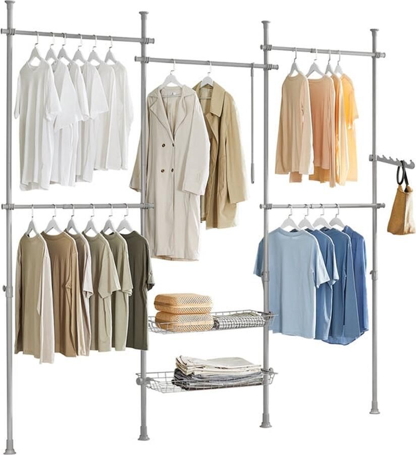 Rootz Living Rootz Verstelbaar Telescopisch Kledingrailsysteem Plank Garderobe-organizer Ruimtebesparend ontwerp Eenvoudige montage Variabele afmeting B(209-311)cm x H(200-285)cm Lichtgrijs